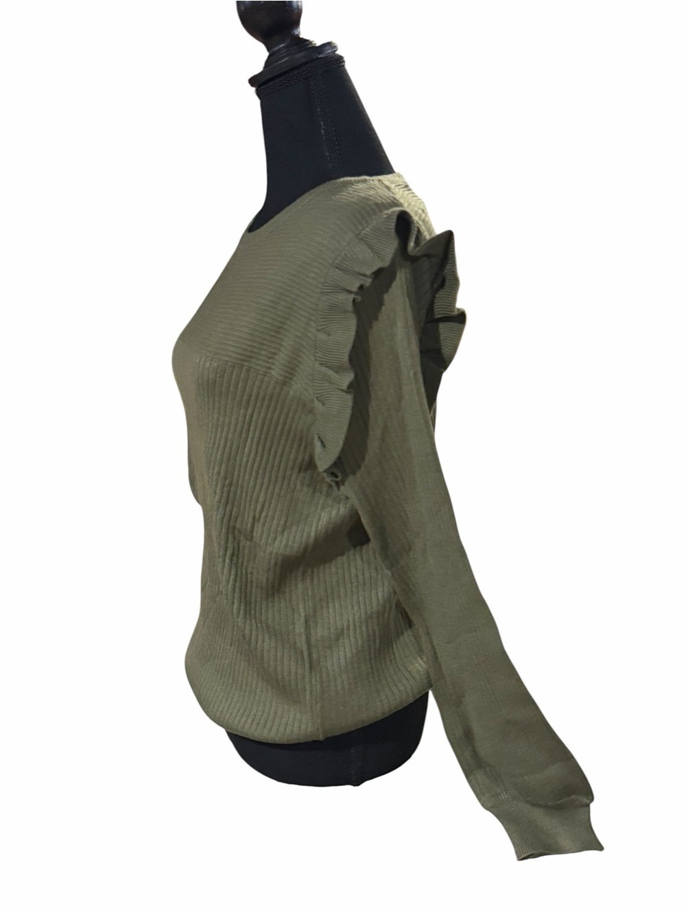 Deepself Olive Green Ruffle Shoulder Ribbed Knit Sweater Large - Picture 6 of 9